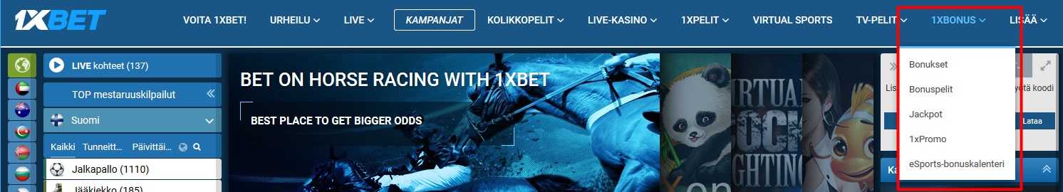 pudotusvalikosta 1xbonus